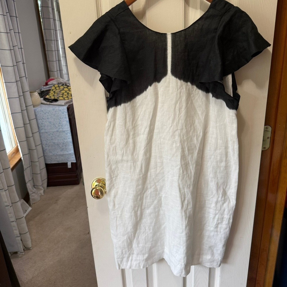 J. Crew Dress Womens S Black and White Dip Dyed Linen Ombre Flutter Sleeve Shift